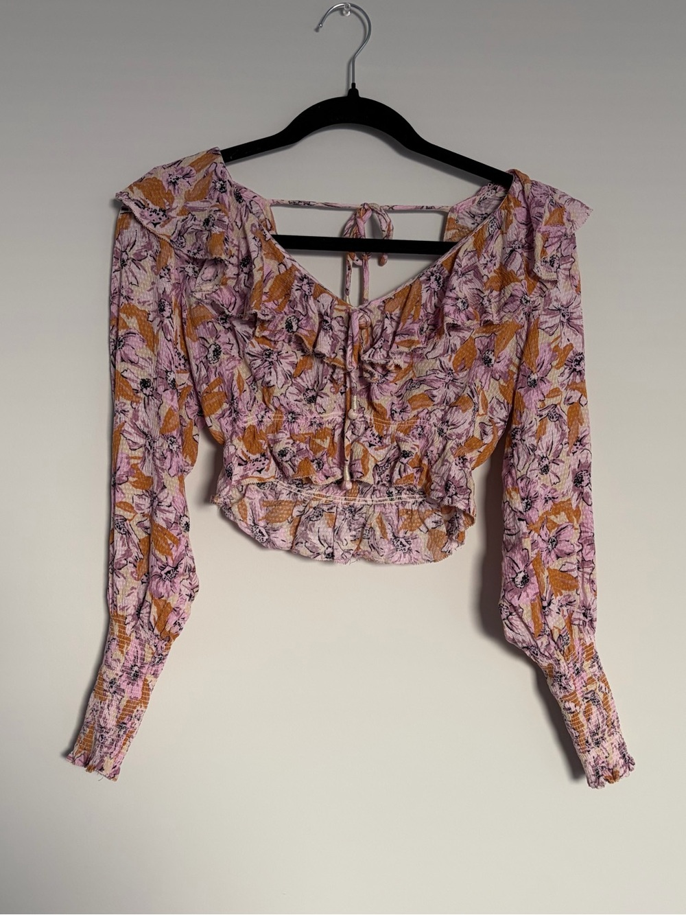 Tularosa Pink Floral Ruffle Crop Top XXS Long Sleeve Cottagecore Revolve